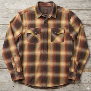 Prana Flannel Shirt Shacket Mens Medium Brown Orange Plaid Snap Front Lined